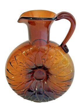 Mid  Century Glass Clevenger Bros Sunflower Amber Art glass Disc Pitcher 6.25"